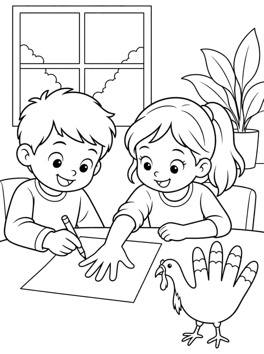 Boy and girl tracing a hand on paper beside a handprint turkey, window and potted plant