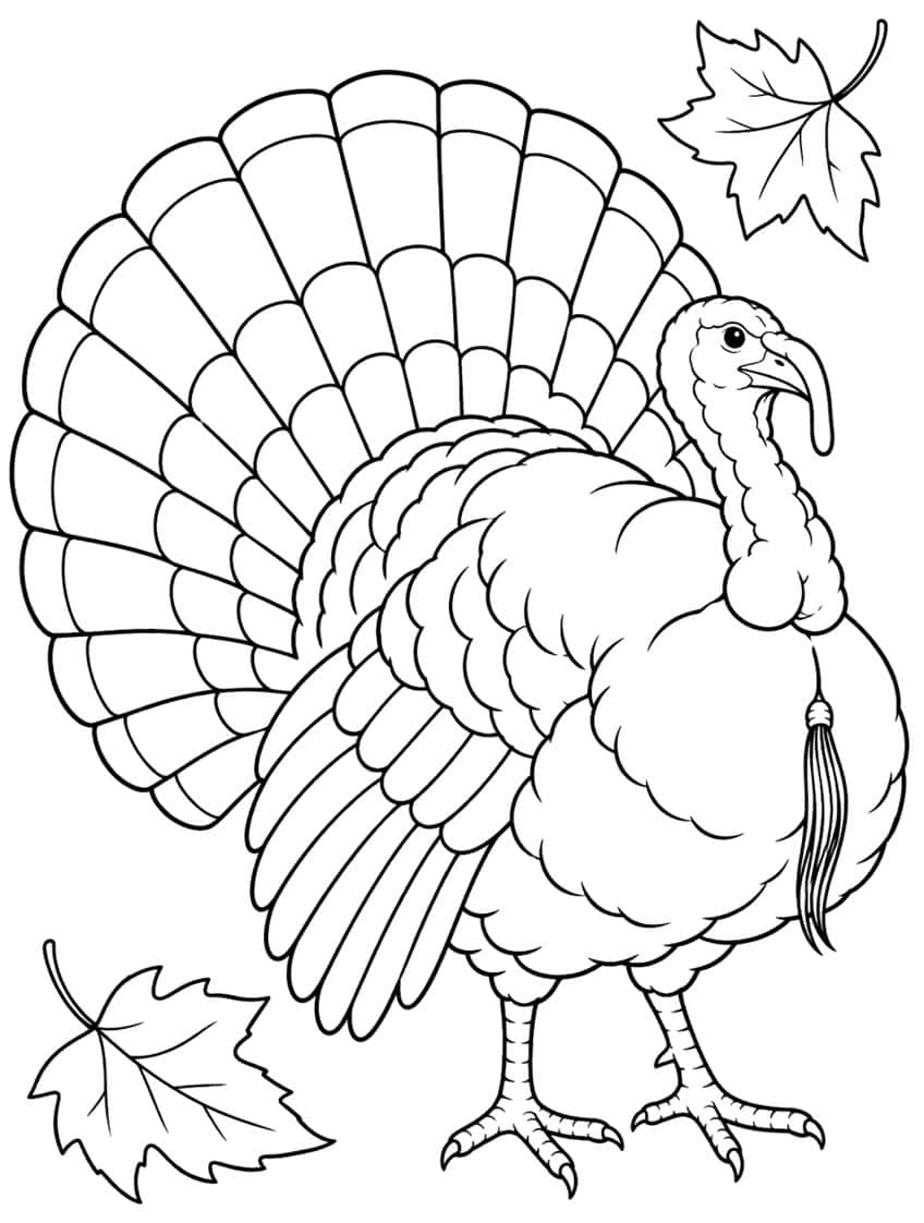 Male turkey with fanned tail, beard and scaly feet, plus two maple leaves