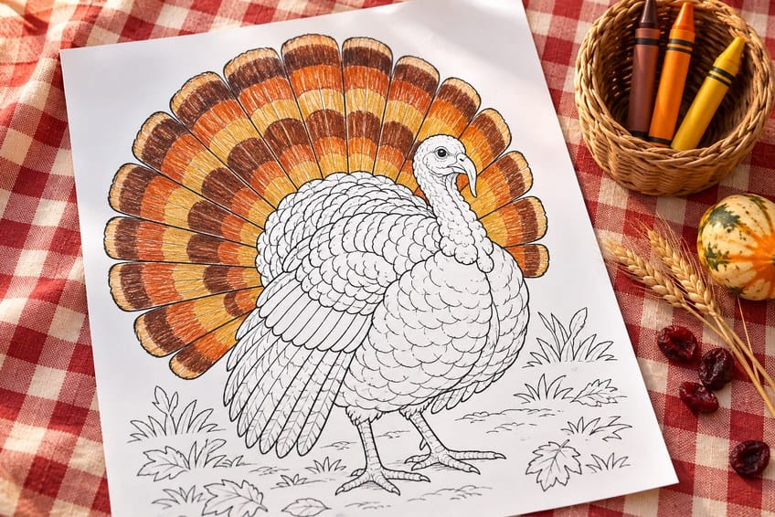 turkey coloring page partly colored in with pencils
