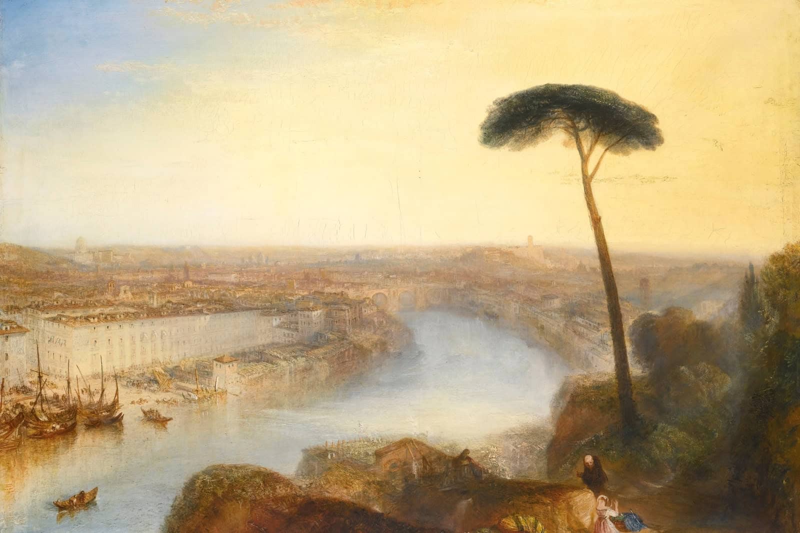 Turner’s Rome, from Mount Aventine shows the Tiber, Roman buildings, distant domes, and an umbrella pine in golden morning haze.
