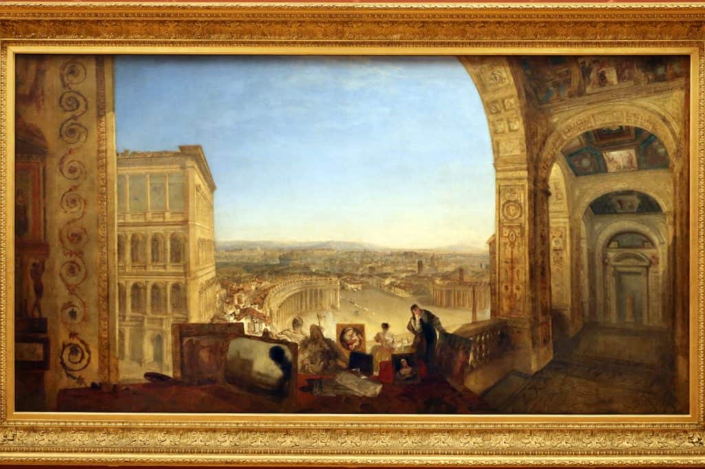 Turner’s 1820 painting Rome, from the Vatican shows Raphael and La Fornarina on a terrace above a luminous cityscape.