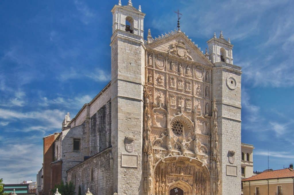 The richly carved stone facade of the Conventual Church of San Pablo in Valladolid, Spain.