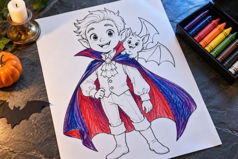 vampire coloring page partly colored in with pencils