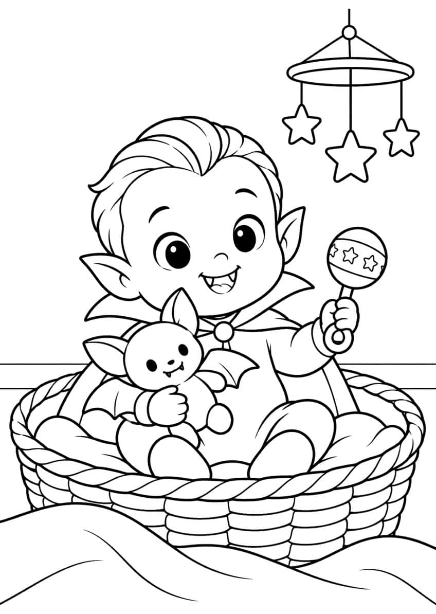 Baby vampire in a wicker basket with a rattle, plush bat and a hanging star mobile