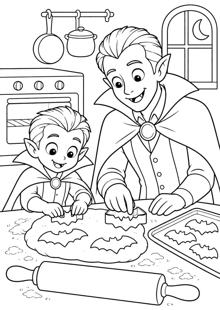 Two vampires cutting bat-shaped cookies from dough with a rolling pin, baking tray, oven and moon window