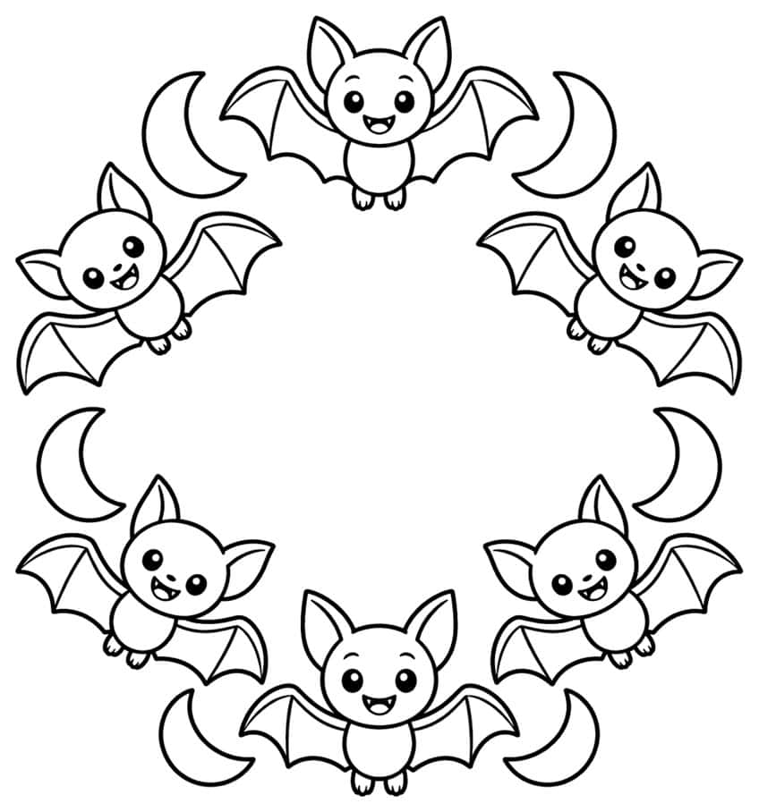 Wreath of six smiling bats with spread wings alternating with six crescent moons