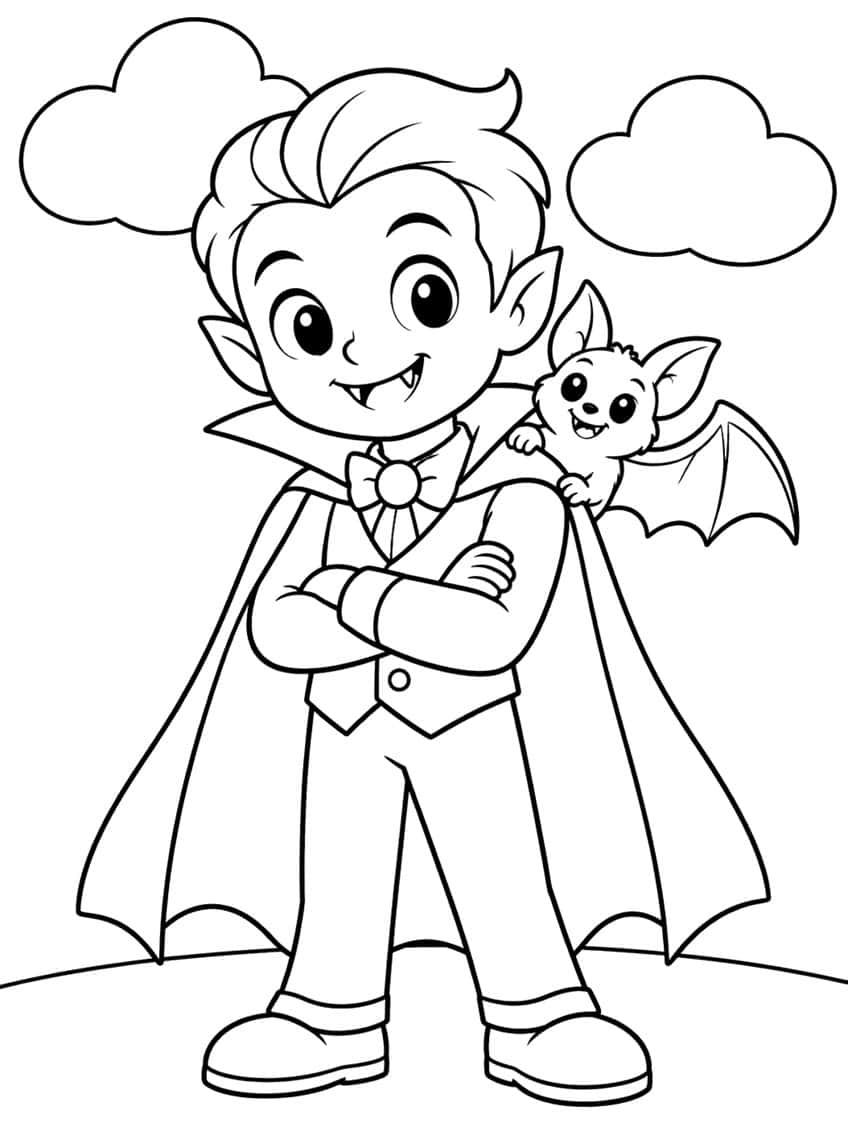 Vampire boy with crossed arms and cape, a small bat on his shoulder, two clouds