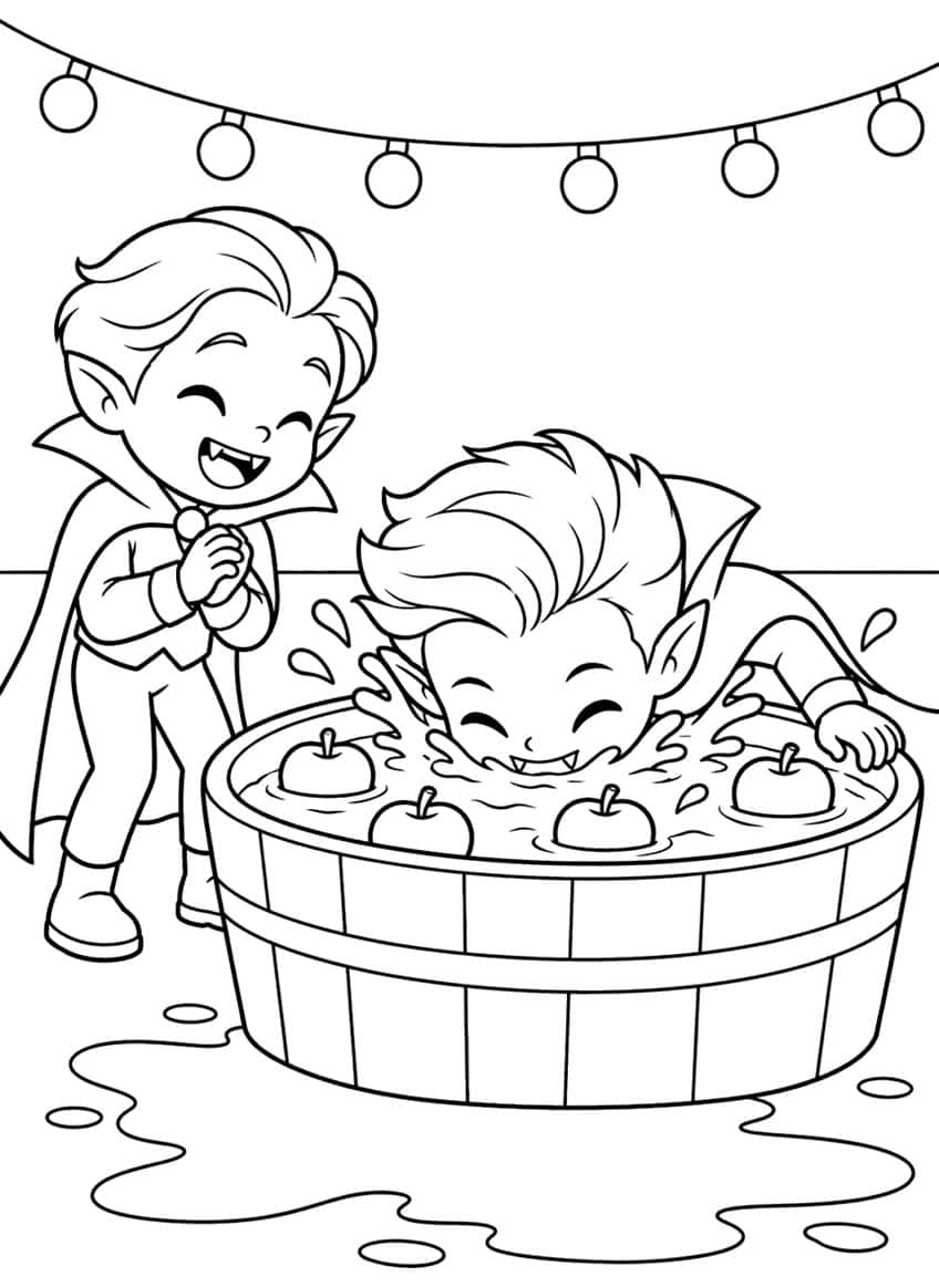 Two vampire boys bobbing for apples in a wooden tub with splashes, puddles and string lights