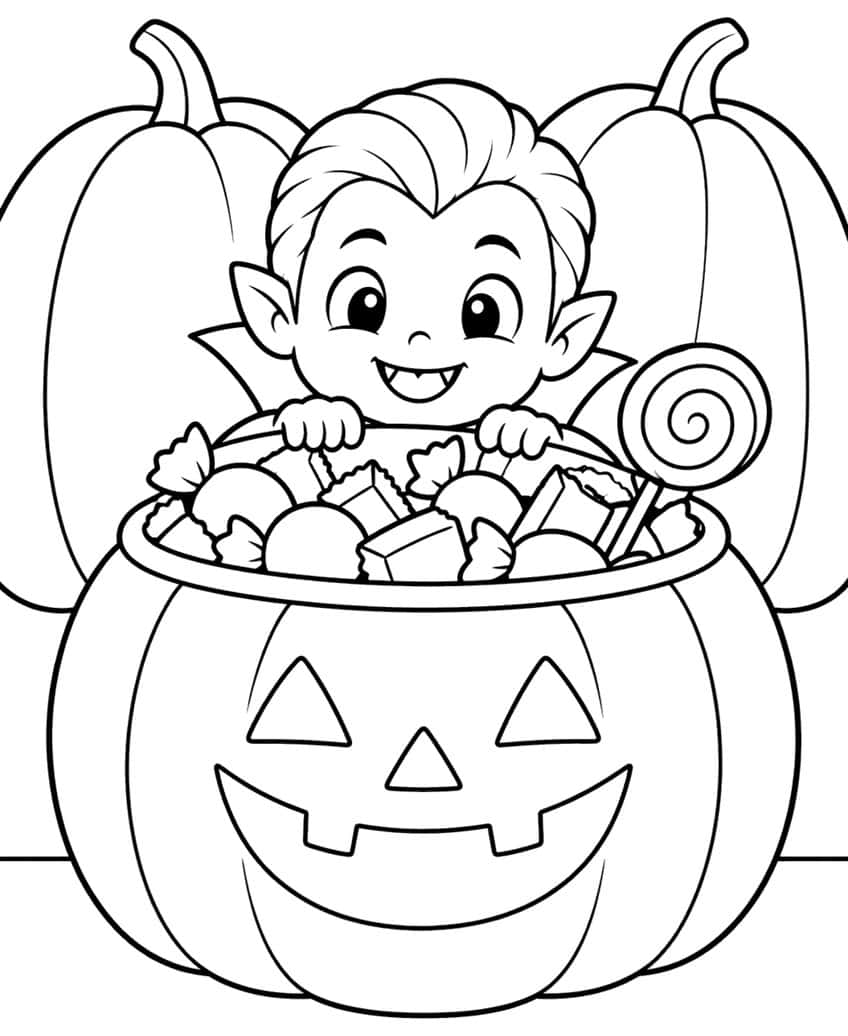 Vampire boy behind a jack-o'-lantern pail full of candy and a lollipop, with two pumpkins behind