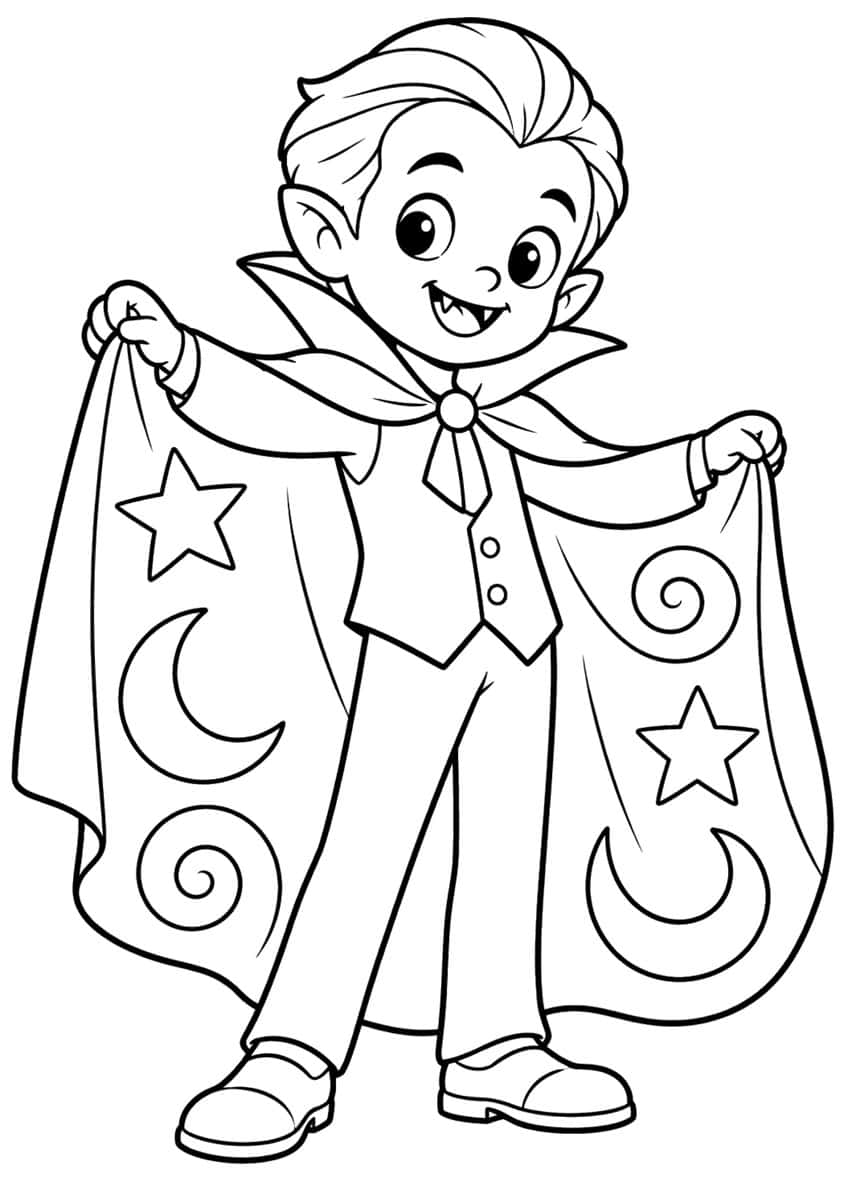 Vampire boy holding out a cape with stars, crescent moons and spirals