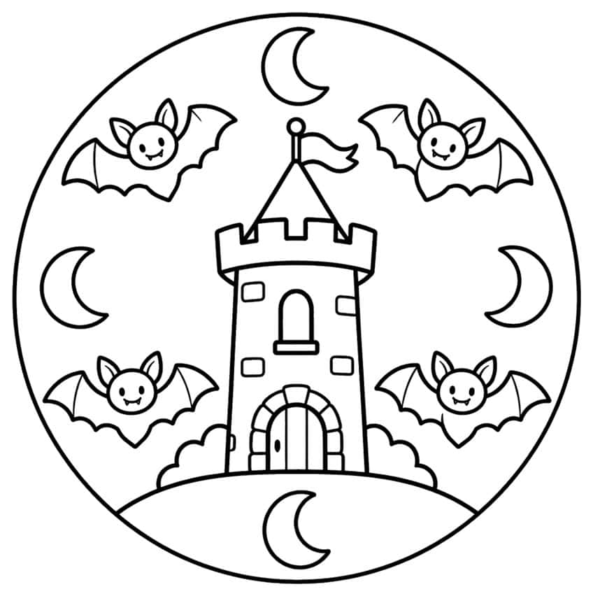 Round mandala with a castle tower, flag, four smiling bats and four crescent moons