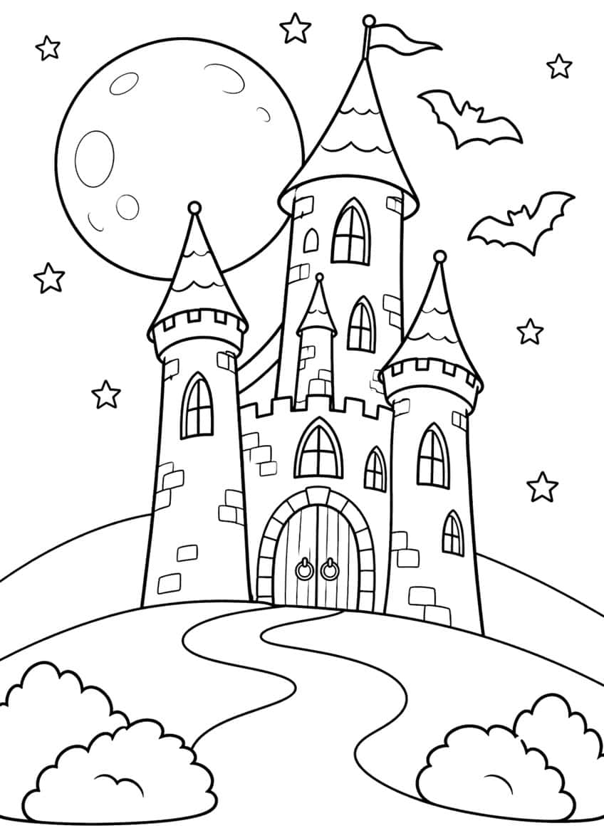 Castle with four towers, flag, big moon, two bats, stars, winding path and bushes on a hill