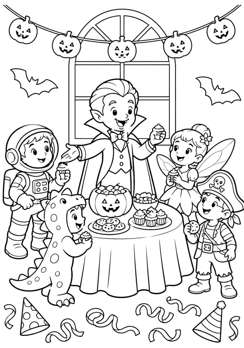 Vampire boy with astronaut, dino, fairy and pirate kids around a treat table under pumpkin garland