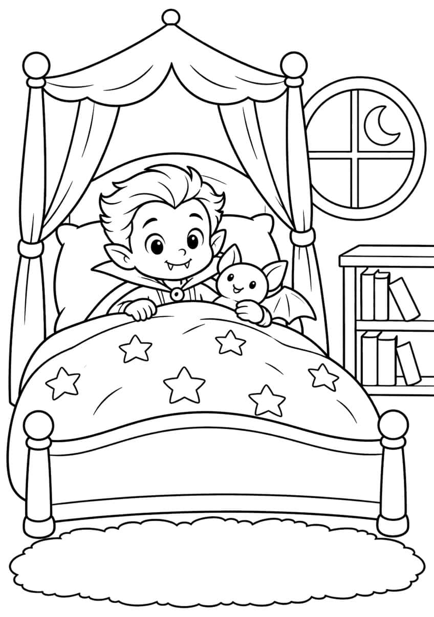 Vampire boy and small bat in a canopy bed with a star quilt, moon window, bookshelf and rug