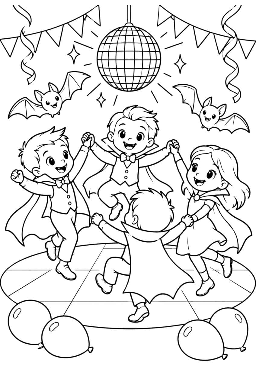 Four vampire children dancing in a circle under a disco ball with two bats, bunting and balloons