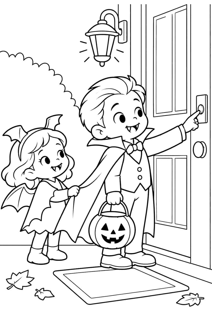 Vampire boy ringing a doorbell with a pumpkin pail, and a bat-winged girl holding his cape