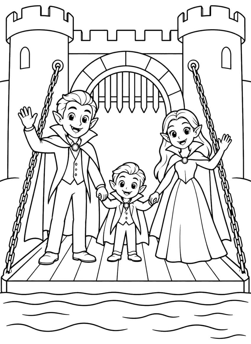 Vampire father, mother and boy holding hands on a drawbridge in front of a castle gate with portcullis and moat