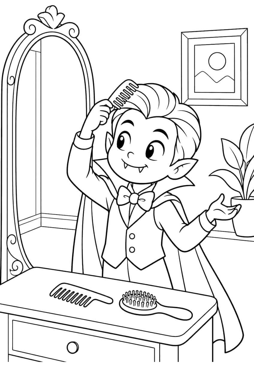 Vampire boy combing his hair beside an oval mirror, dresser with comb and brush, picture frame and plant