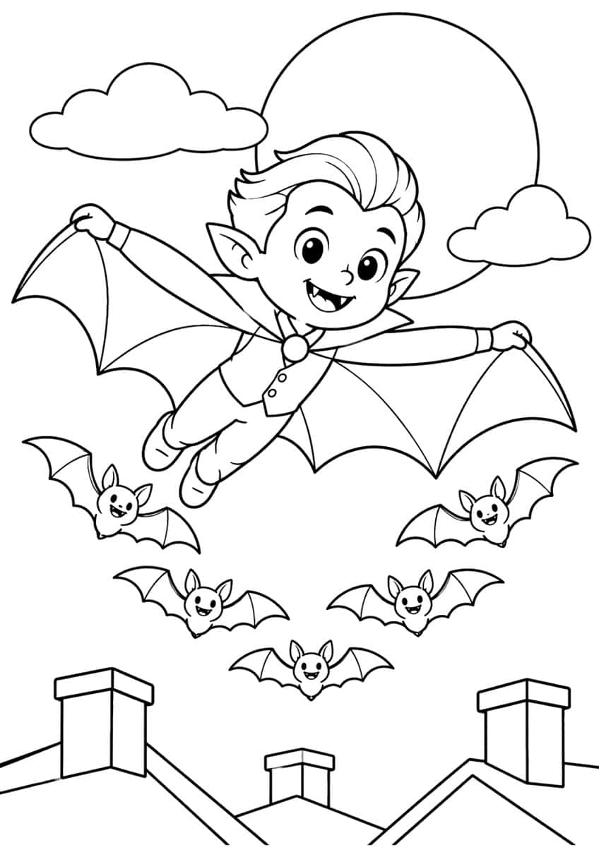 Vampire boy flying with spread cape wings, full moon, clouds, five smiling bats and rooftop chimneys