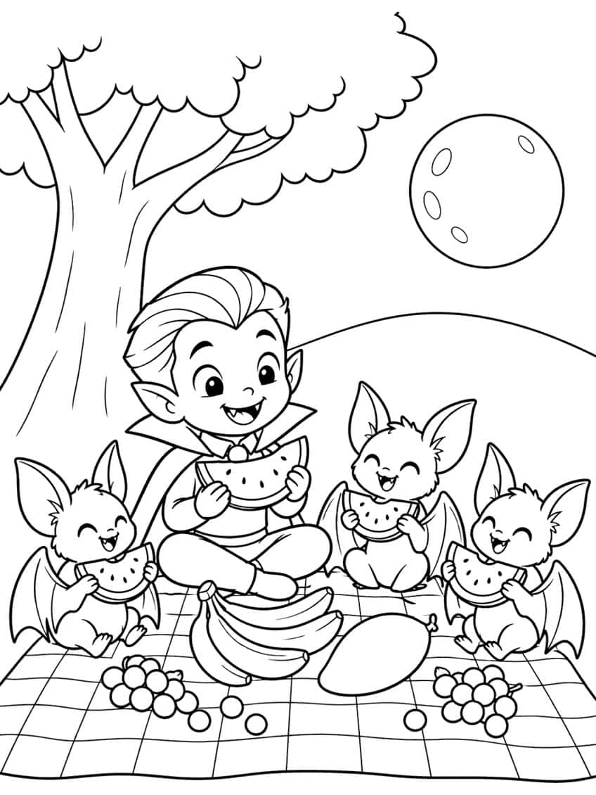 Vampire boy and three baby bats eating watermelon on a checkered picnic blanket under a tree and moon
