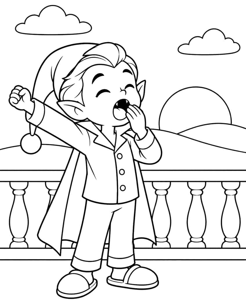 Yawning vampire boy in pajamas, cape and nightcap on a balcony with balusters, hills, sun and clouds