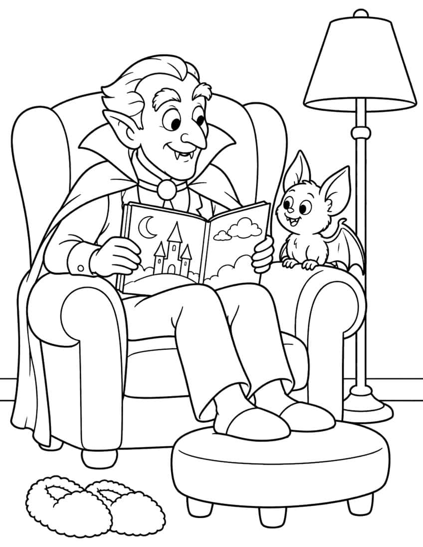 Grandpa vampire in an armchair reading a castle storybook to a baby bat, with lamp, footstool and slippers