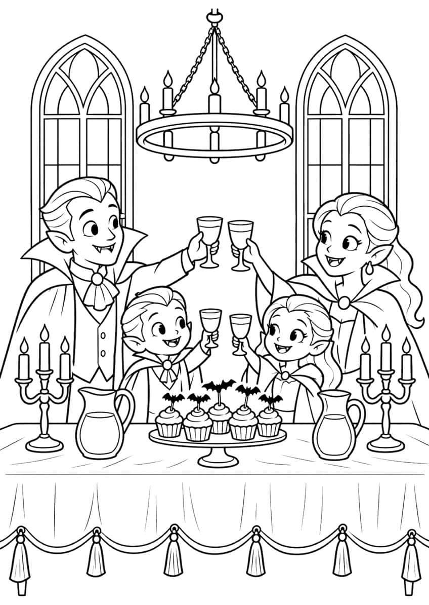 Vampire parents and two children raising goblets at a table with cupcakes, candelabras, pitchers and a chandelier