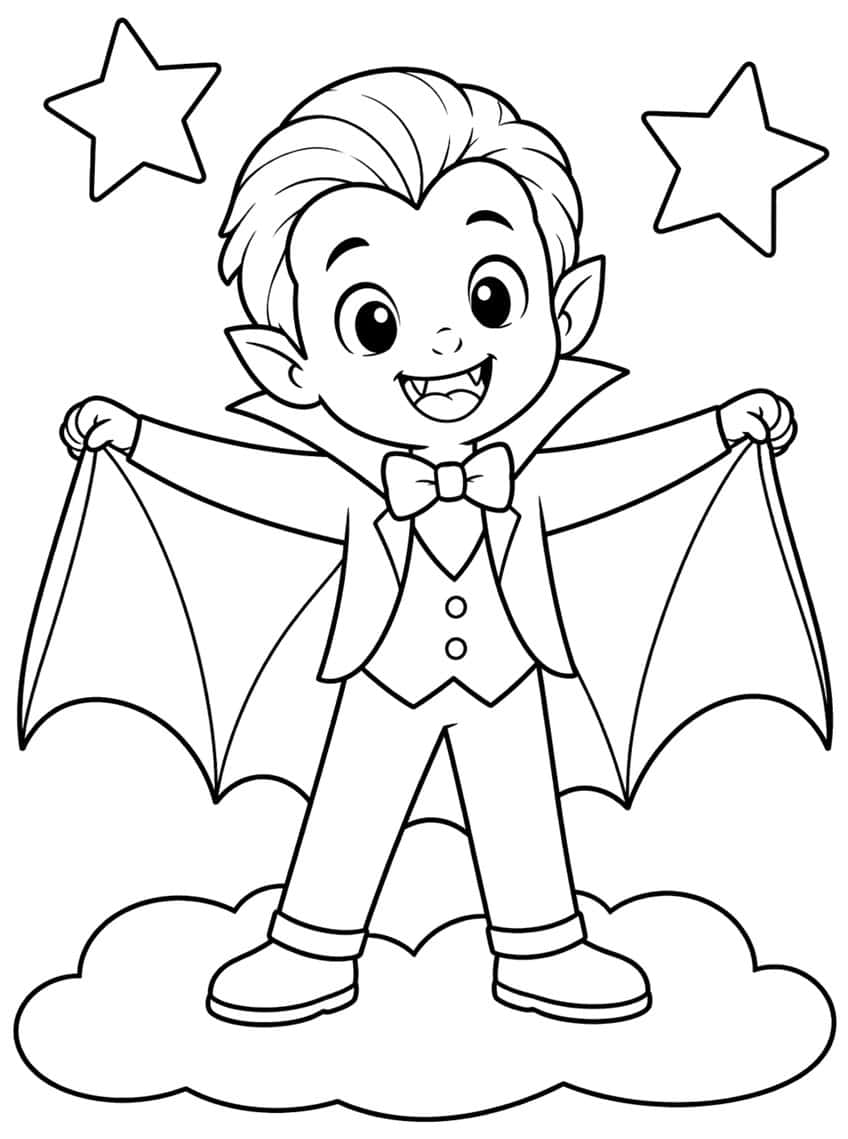 Grinning vampire boy with fangs, bow tie and spread cape on a cloud, with two stars