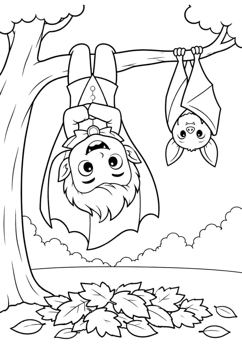 Vampire boy and folded-wing bat hanging upside down from a tree branch above a pile of maple leaves