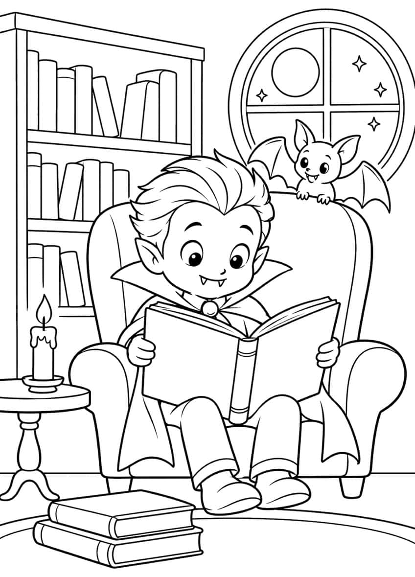Vampire boy reading in an armchair with a bat, bookshelf, candle, stacked books and a round moon window