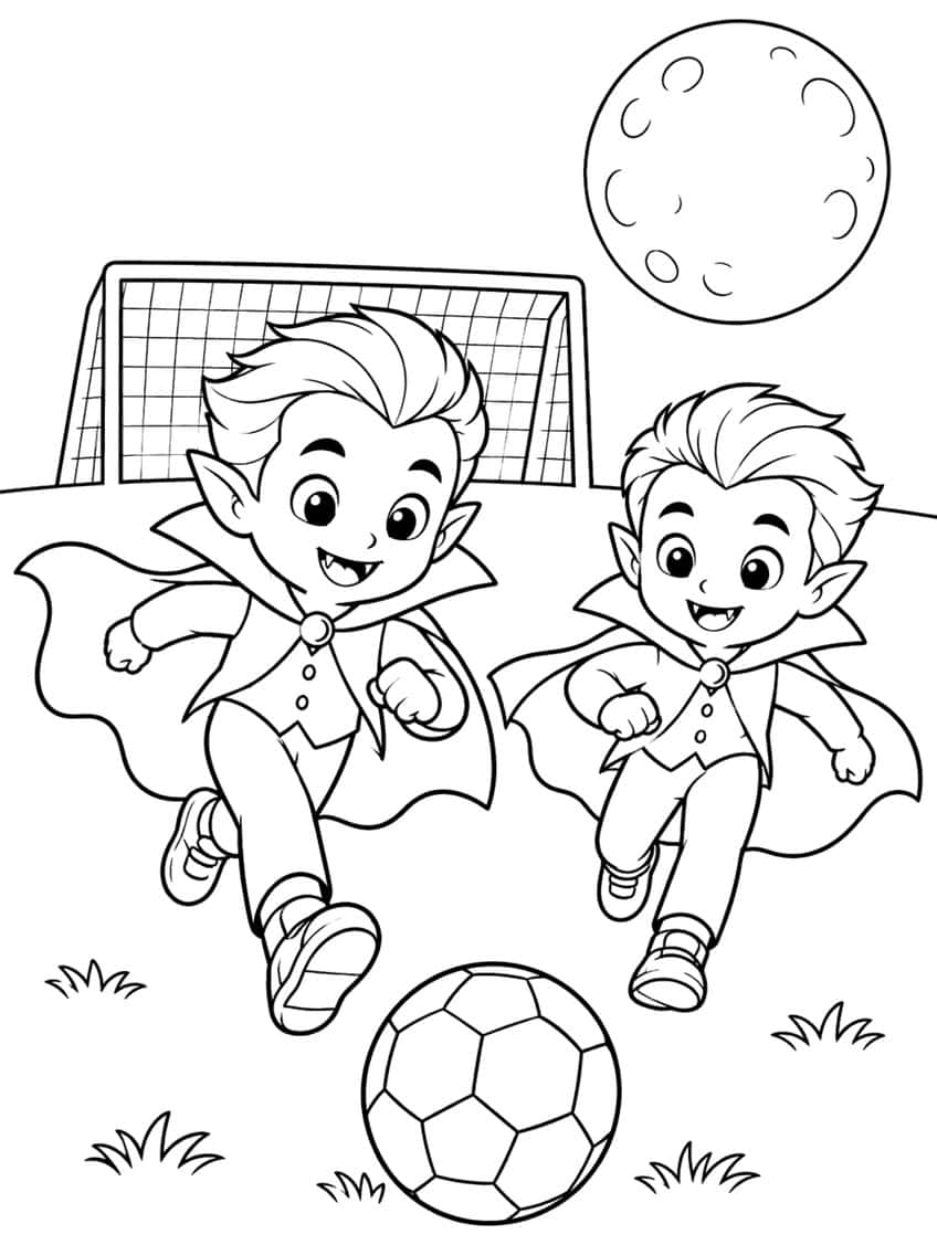 Two vampire boys in capes kicking a soccer ball near a goal under a full moon