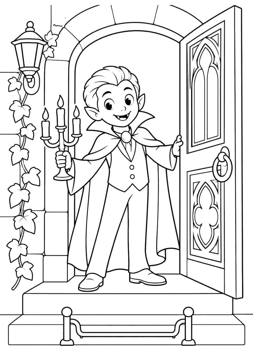 Smiling vampire boy with candelabra opening a Gothic castle door, ivy and lantern beside him