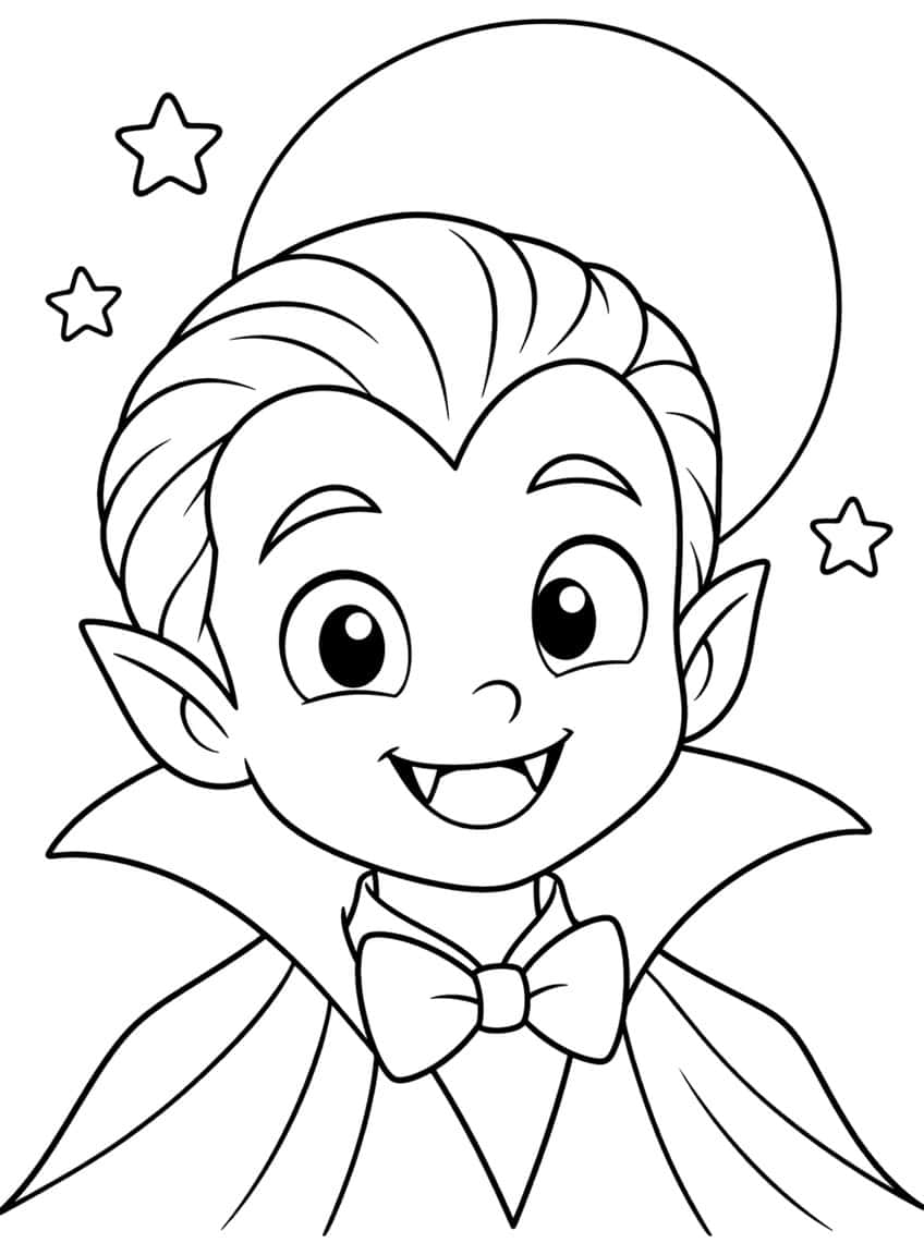 Smiling vampire boy's face with fangs, pointed ears, high collar, bow tie, big moon and three stars