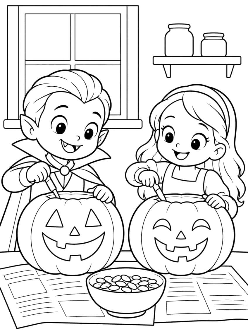 Vampire boy and girl carving two jack-o'-lanterns with a bowl of seeds, window and shelf with jars