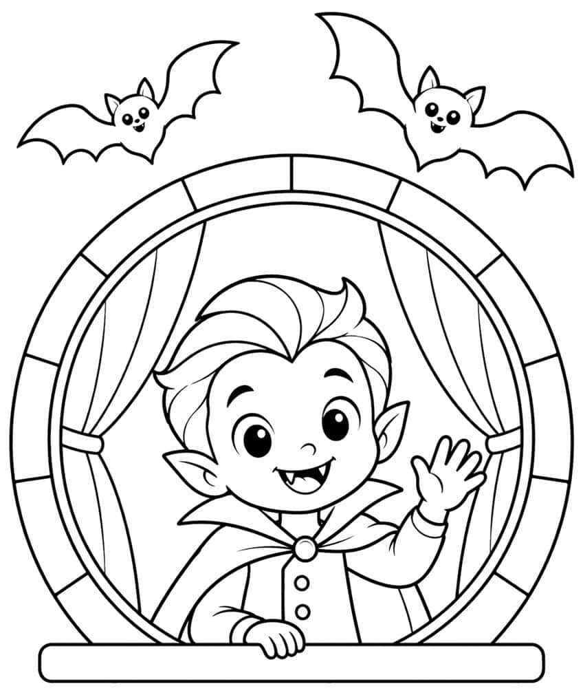 Vampire boy waving from a round stone window with curtains and two smiling bats above