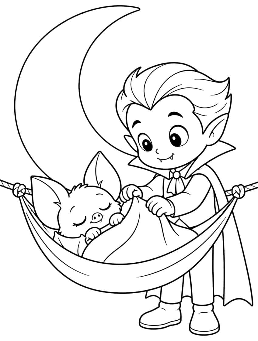 Vampire boy tucking a sleeping baby bat into a rope hammock under a big crescent moon