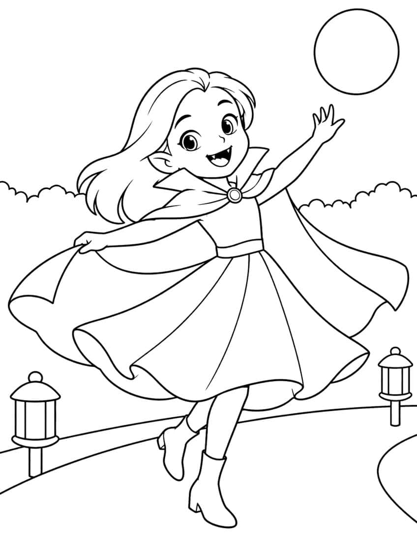 Vampire girl twirling in a dress and cape, reaching for the moon, with two lanterns and hedges