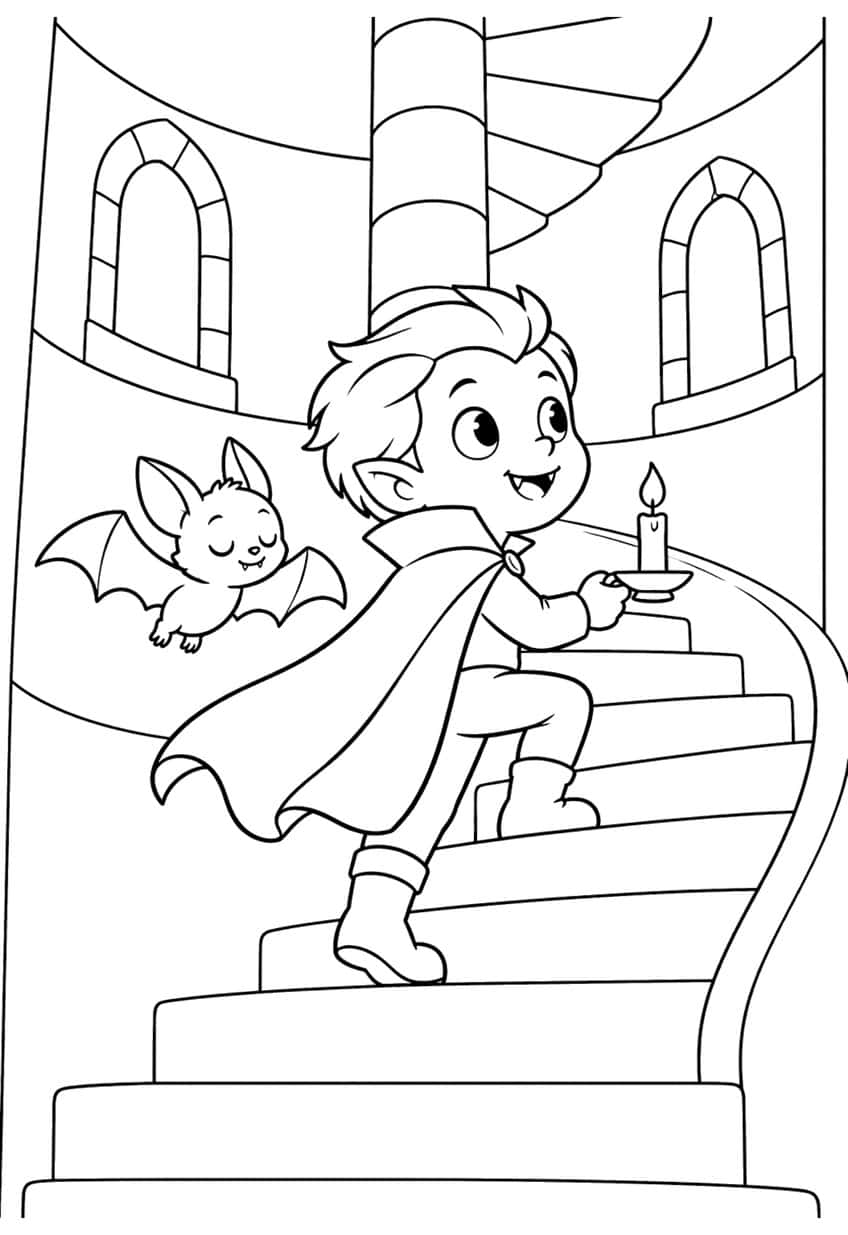 Vampire boy with cape and candle climbing spiral stairs, small bat flying beside him, two arched windows