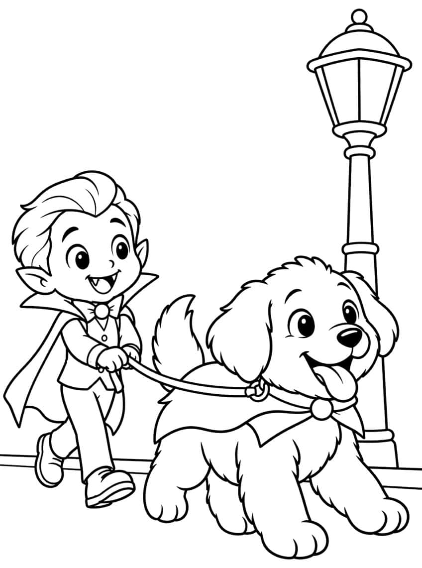 Vampire boy in a cape walking a fluffy puppy on a leash beside a street lamp