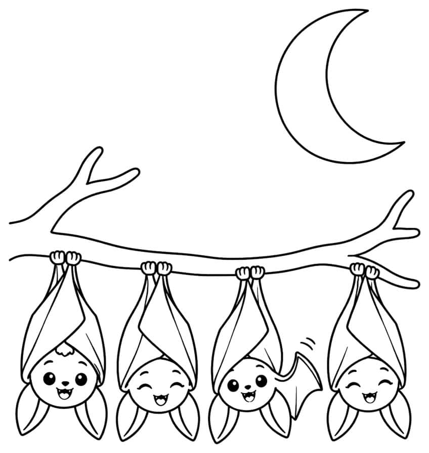 Four cartoon bats hanging upside down from a branch beneath a crescent moon
