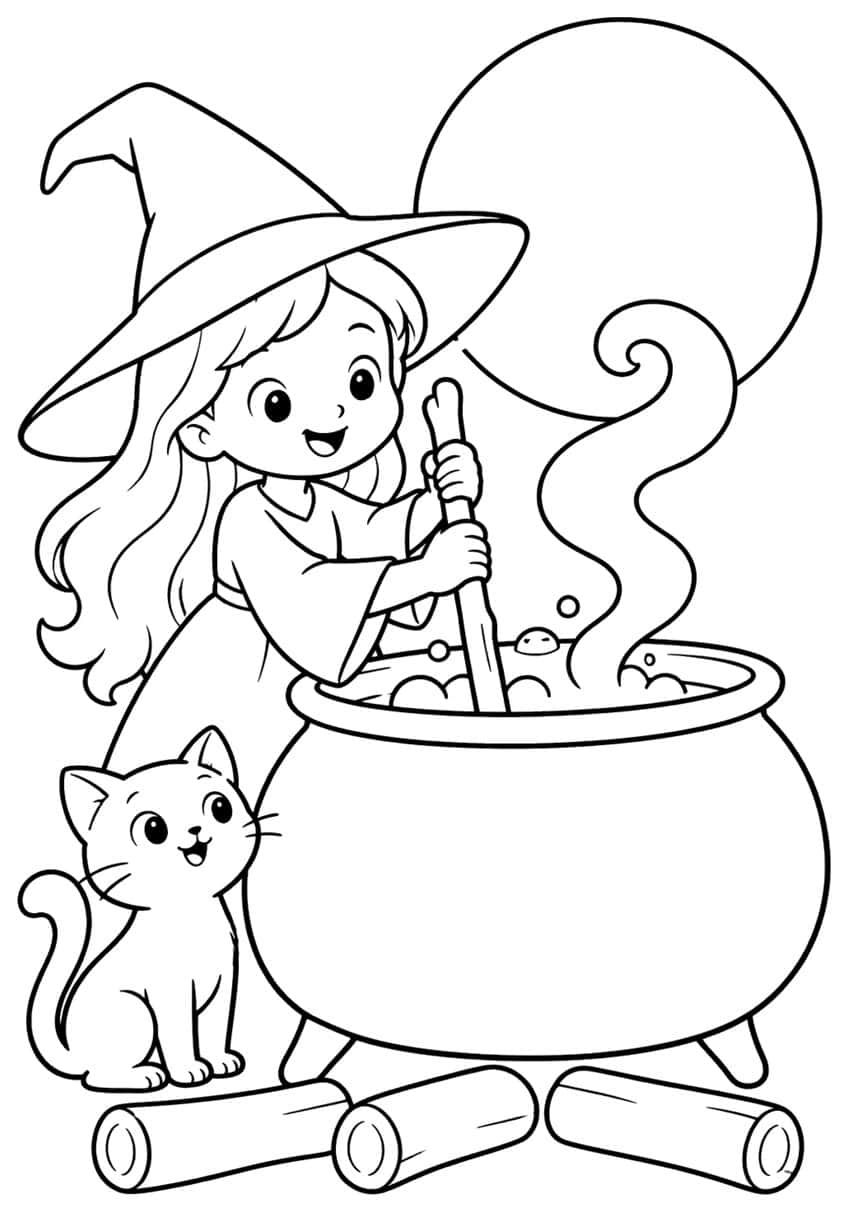 Young witch stirring a large cauldron on logs, with a kitten, curling steam and a full moon