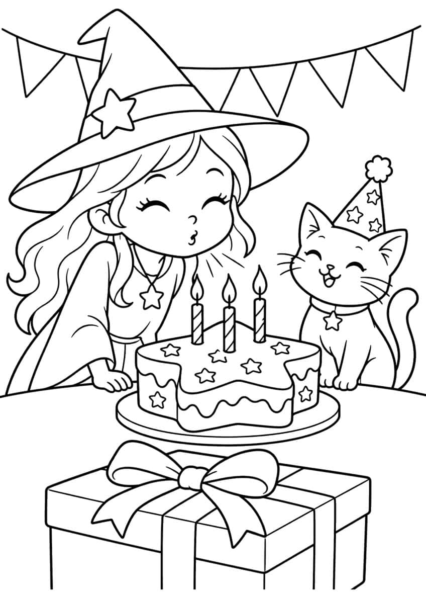 Witch blowing out three candles on a star cake, cat in party hat, bunting and a gift box with bow
