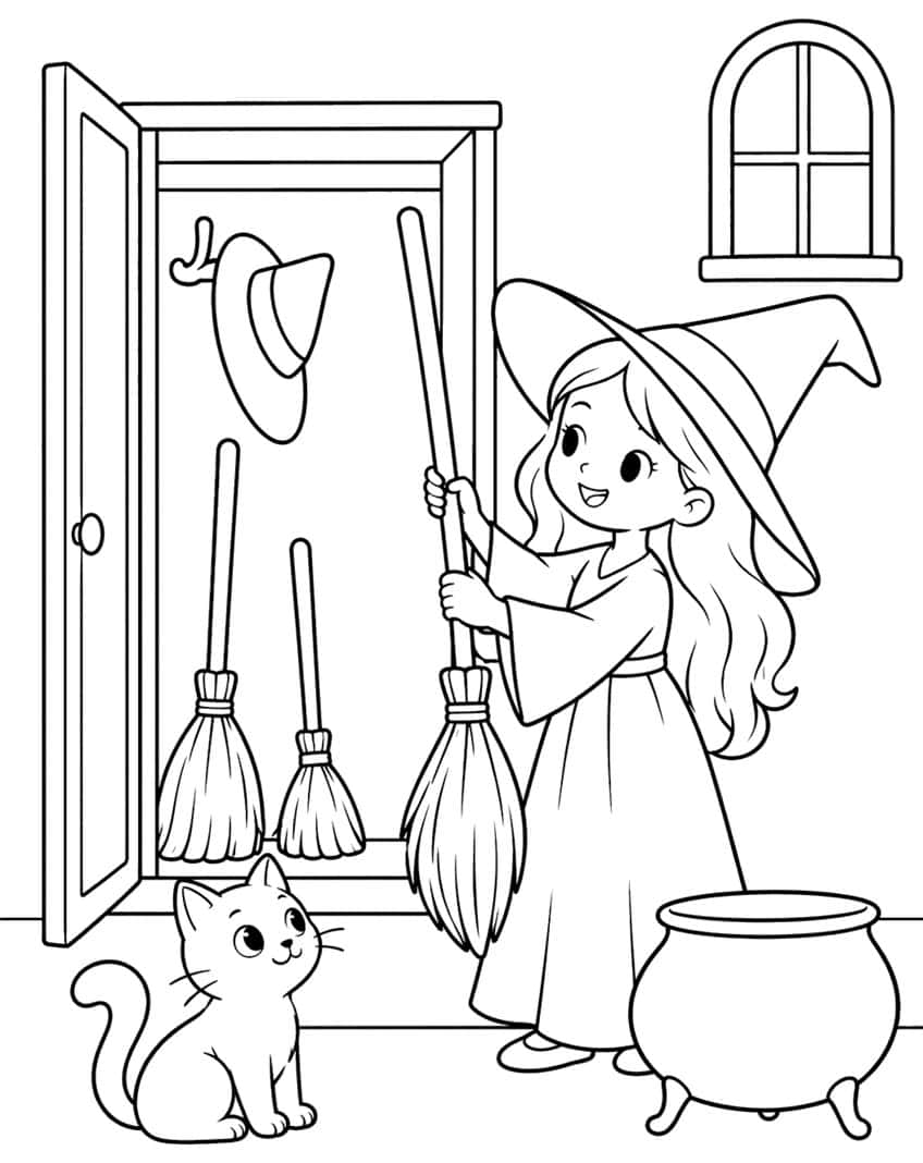 Young witch taking a broom from a closet, with a hat on a hook, a kitten, a cauldron and an arched window