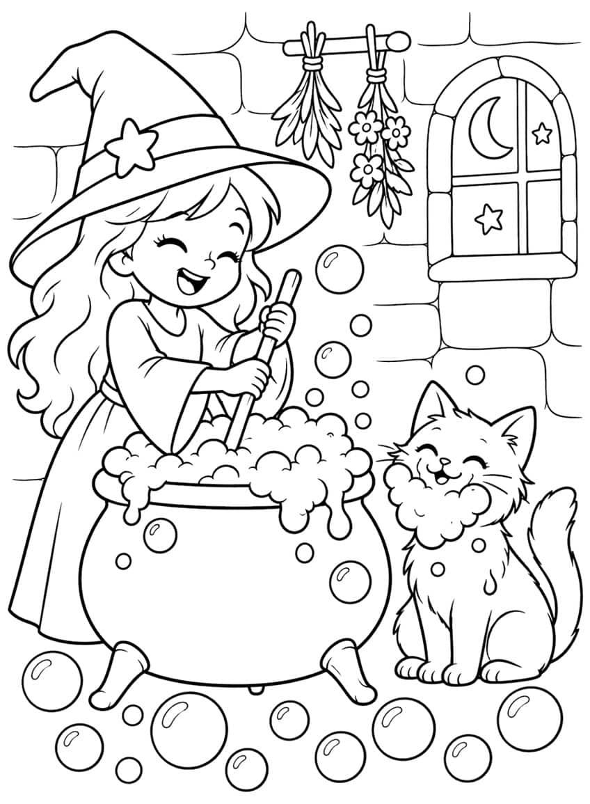 Laughing witch stirring a bubbling cauldron, foam-bearded cat, bubbles, herbs and arched window