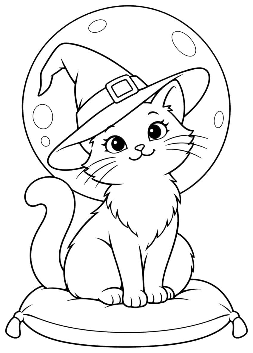 Smiling kitten in a buckled witch hat sitting on a tasseled cushion in front of a big cratered moon