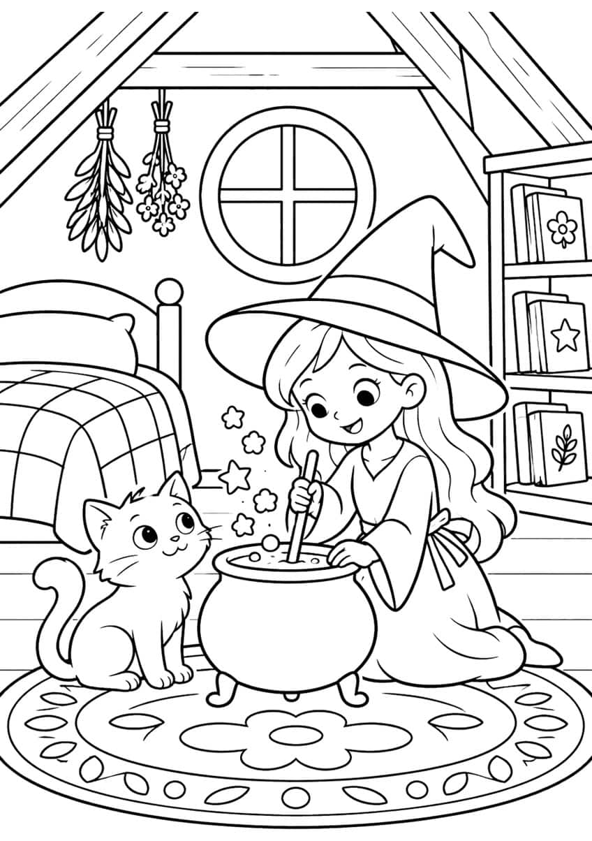 Witch stirring a cauldron beside a kitten in an attic with a bed, bookshelf, round window and patterned rug