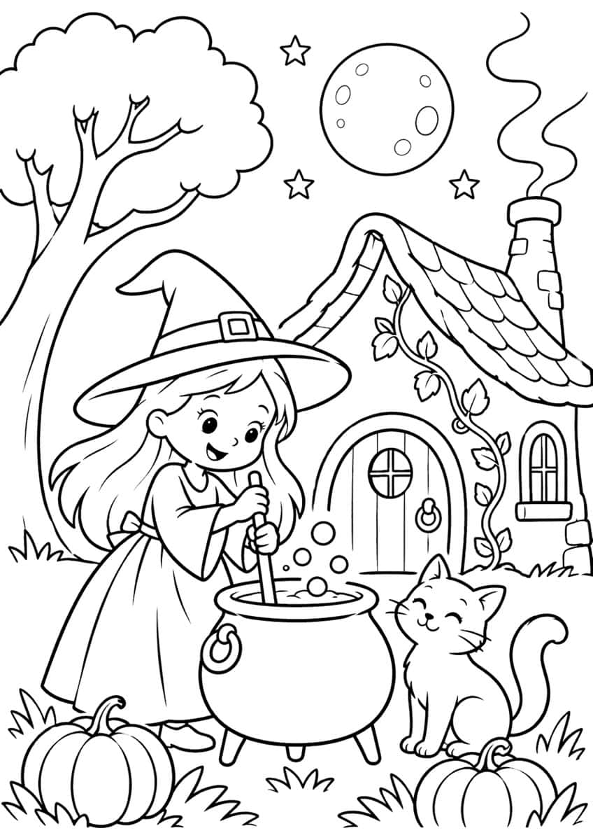 Young witch stirring a cauldron beside a cat, with a cottage, tree, moon, stars and two pumpkins