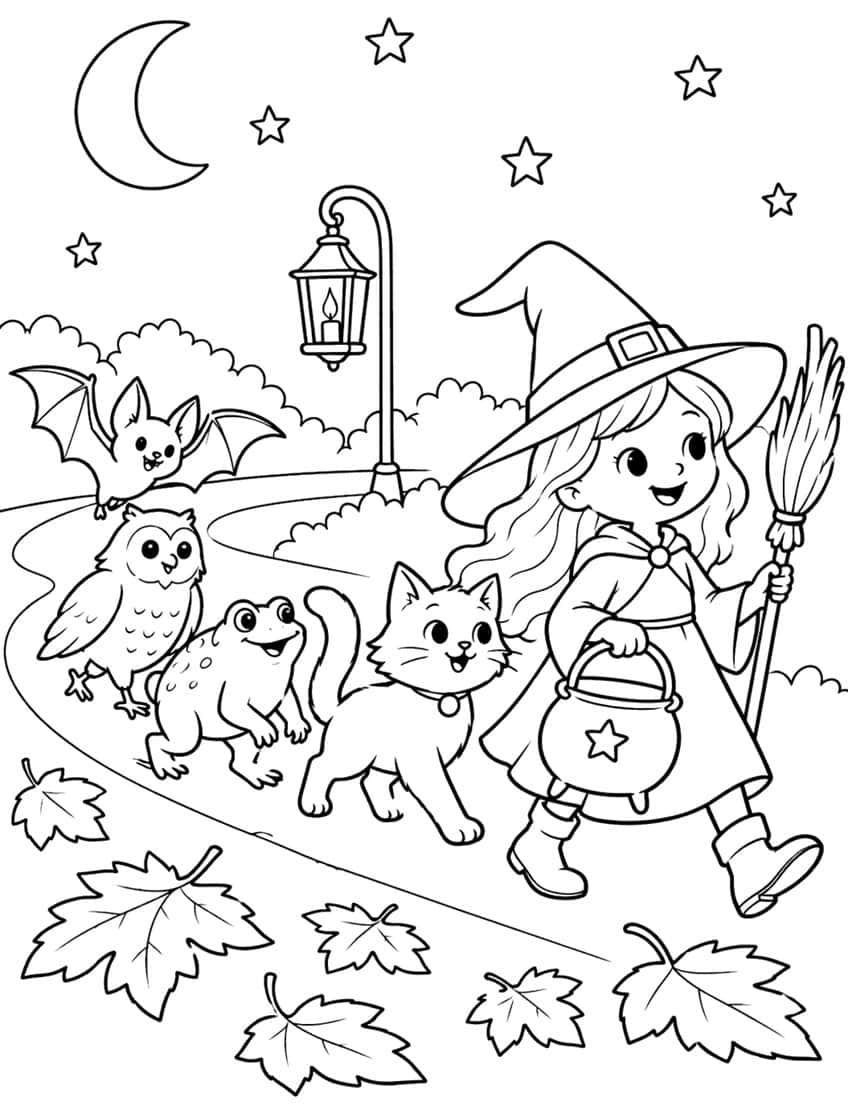 Young witch with broom and cauldron walking with a cat, frog, owl and bat past a lantern, moon and leaves