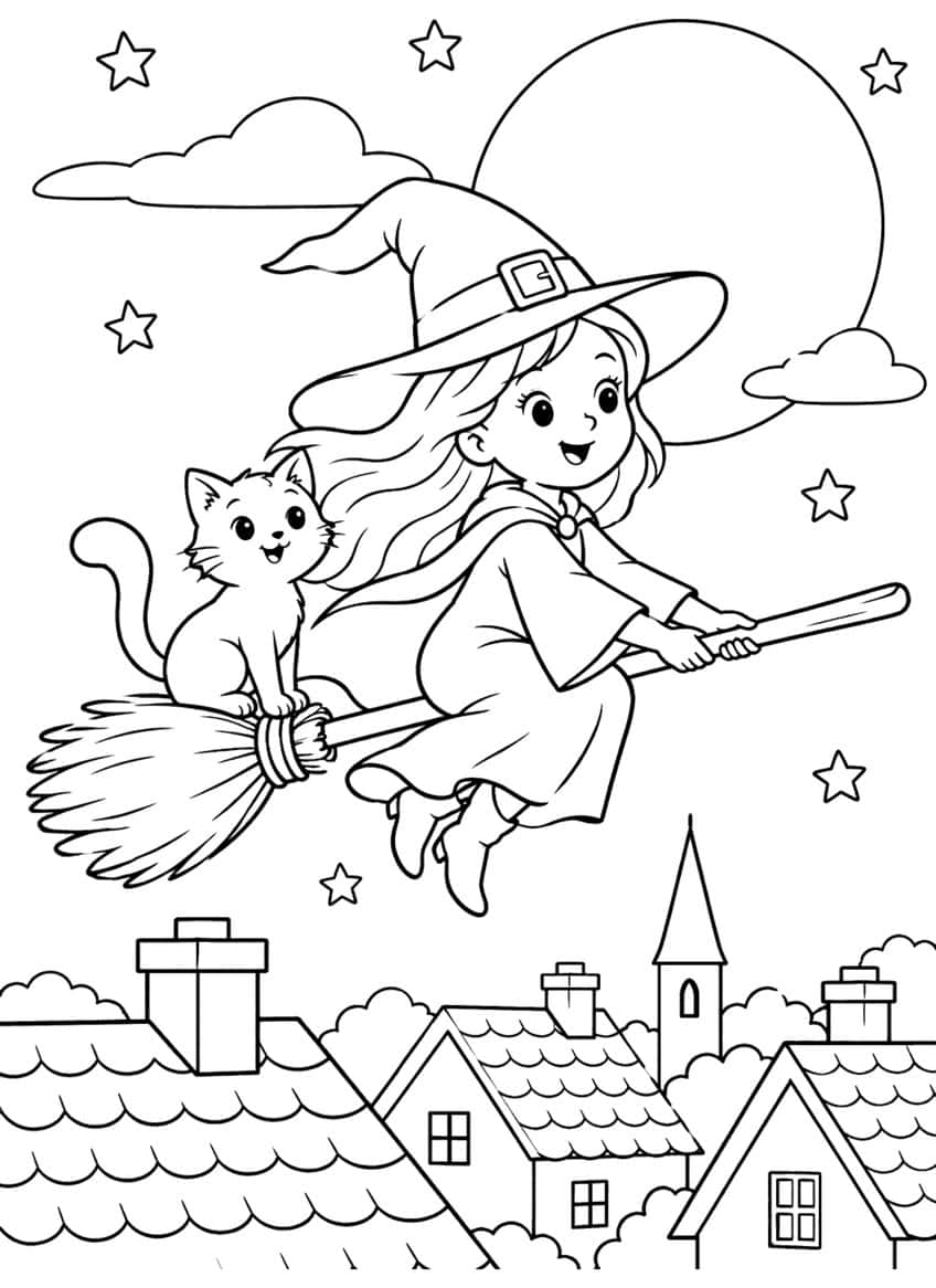 Witch girl and cat on a broom flying past a full moon over village roofs, chimneys and a church spire