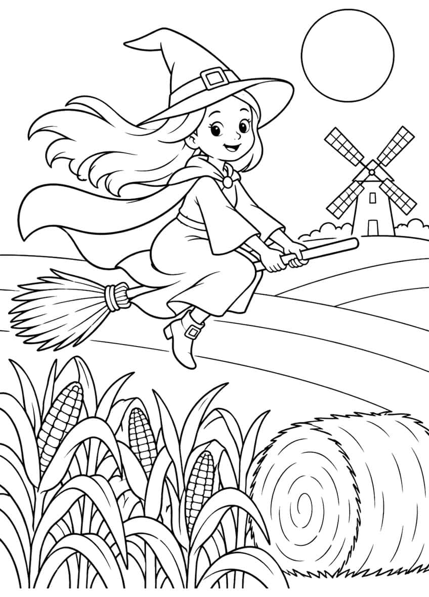 Witch on a broom flying over hills, with a windmill, moon, corn plants and a round hay bale
